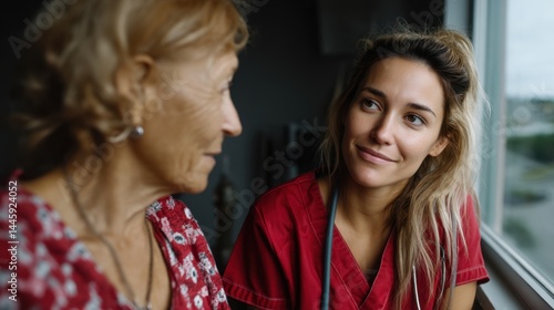 Healthcare Worker in Red Scrubs Listening to Elderly Patient Near Window During Consultation