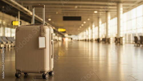 Modern Suitcase with Luggage Tag Mockup in a Bright, Empty Airport Terminal