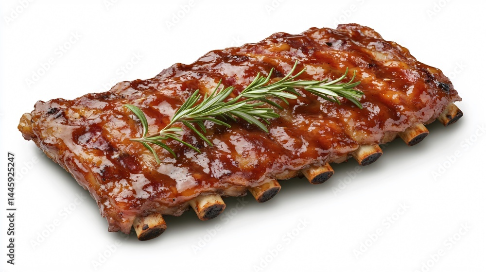 Obraz premium Delicious Glazed Barbecue Ribs with Sauce and Garnish