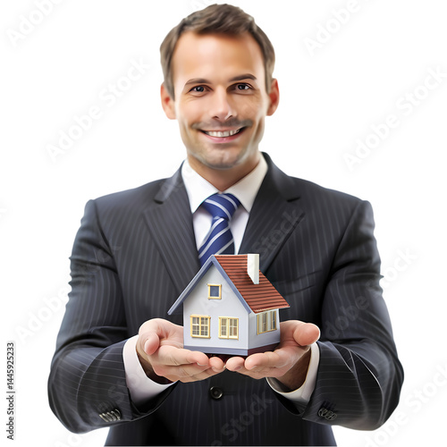 Successful Real Estate Agent Holding House Model isolated on transparent background