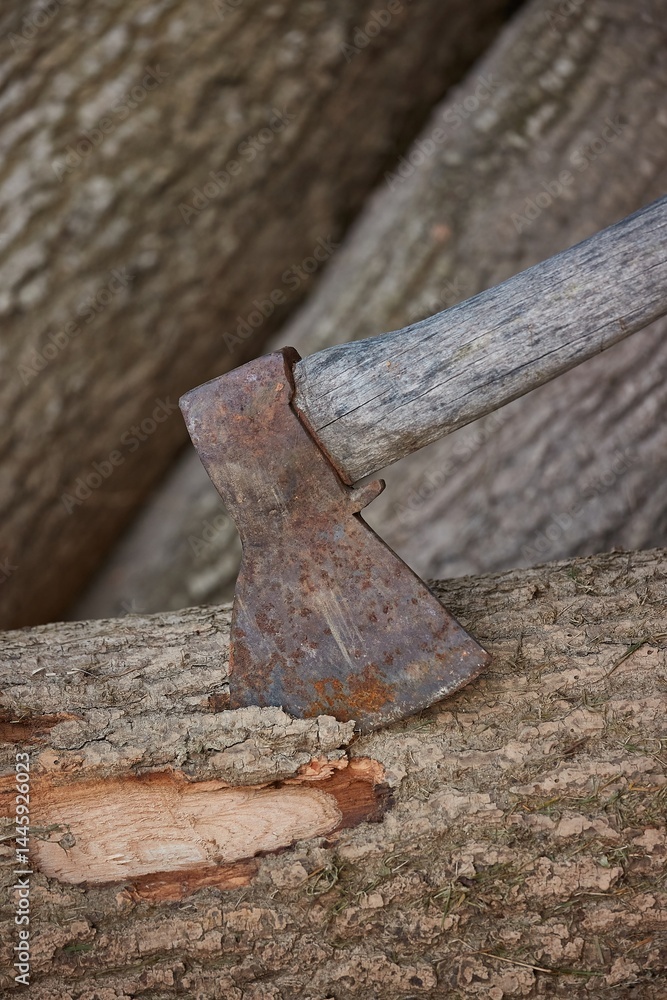 Ax in a log after cutting the bark while chopping wood