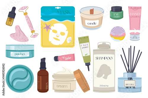 Care cosmetics set in flat graphic design. Collection isolated elements of serum bottle, massage stone and roller, facial mask, aroma candle, cream, bath bomb, skin lotion, other. Vector illustration.