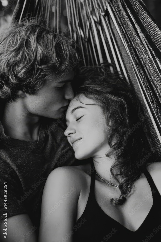 Fototapeta premium A loving couple shares a tender moment, embraced in a hammock, peaceful and in love.