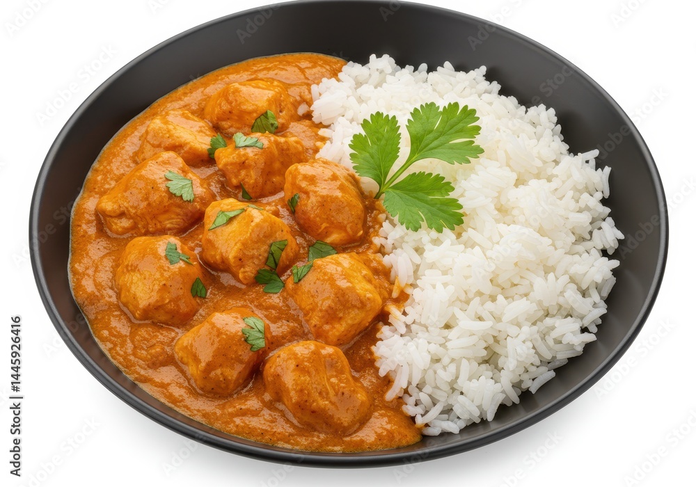 Chicken tikka masala with rice in a black bowl on a white background Chicken tikka masala with rice in a black bowl on a white background