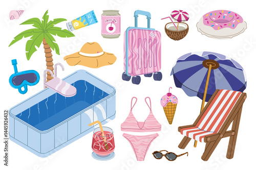 Summer set in flat graphic design. Collection isolated elements of swimming pool, palm, bikini, diving mask, sunscreen, cocktail, lounger by umbrella, ice cream, seashell, other. Vector illustration.