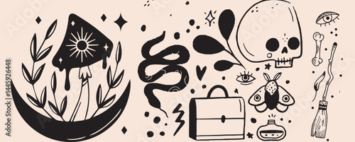 Hand-drawn vintage mystical and magic symbols illustration