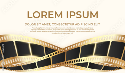 Cinema movie template with crossed shiny golden filmstrips. Movie film premiere banner. Vector illustration