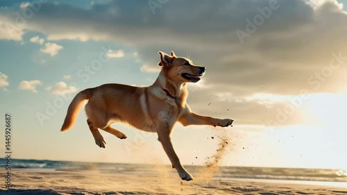 Labrador dog leaping on beach at sunset