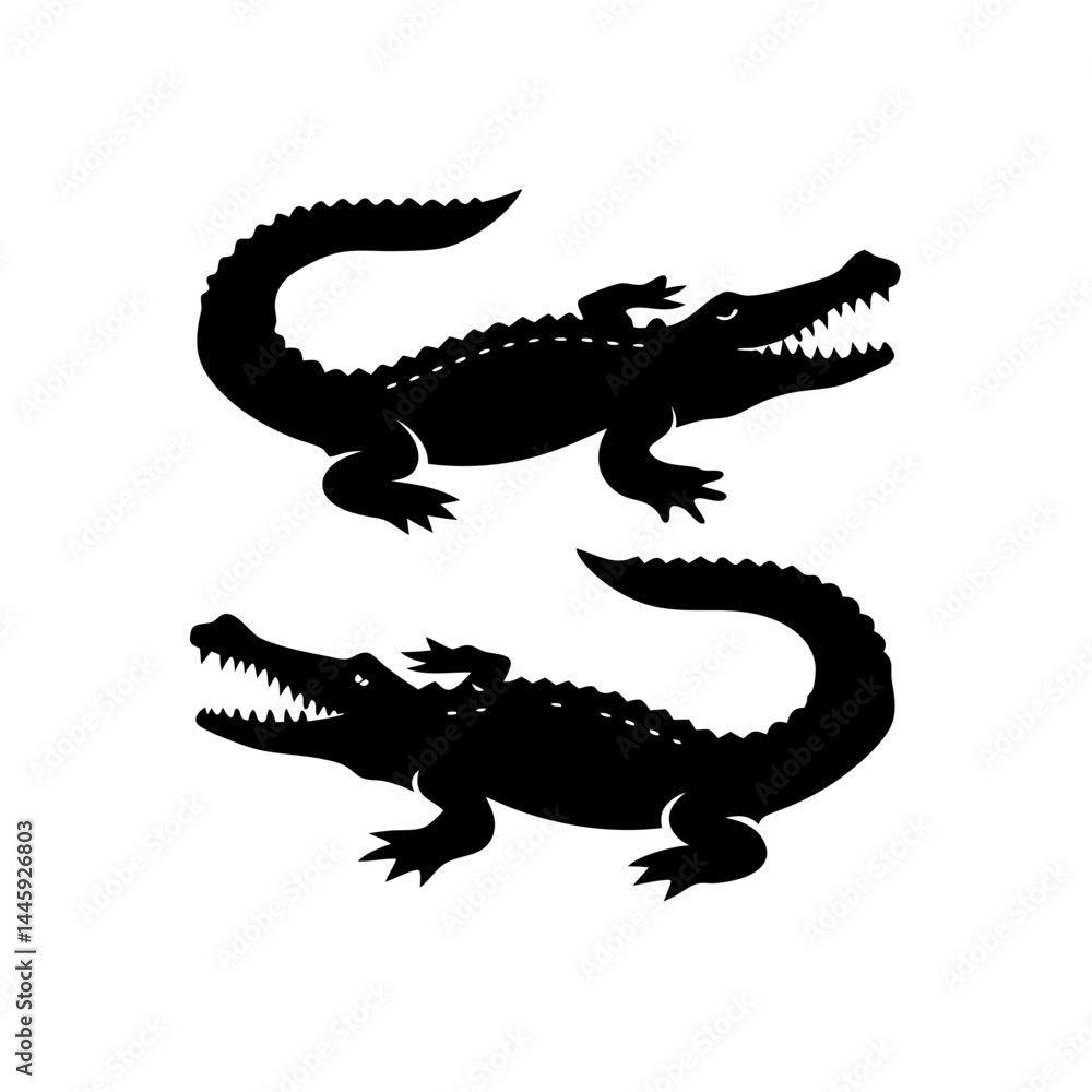 Fototapeta premium Silhouette of two crocodiles with sharp teeth and spiked tails