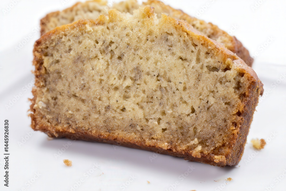 Close-up of moist banana bread slice with golden crust on white background
Close-up of moist banana bread slice with golden crust on white background