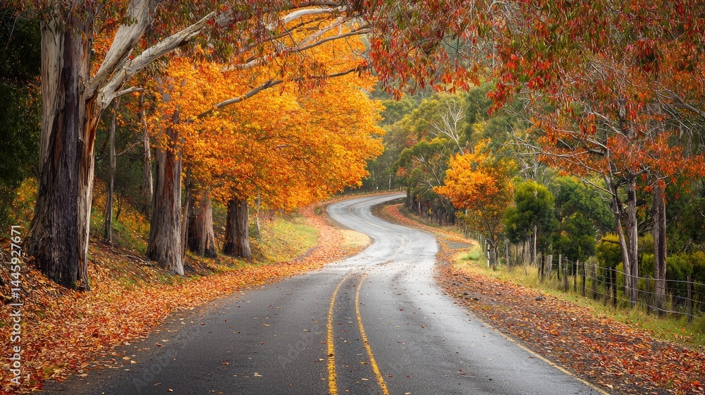 Fototapeta premium Autumnal winding road through colorful forest.
