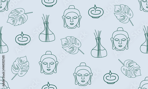 Seamless pattern with a Buddha, candles, and an aroma diffuser on a pale blue background. Vector illustration for wallpapers, fabrics.
