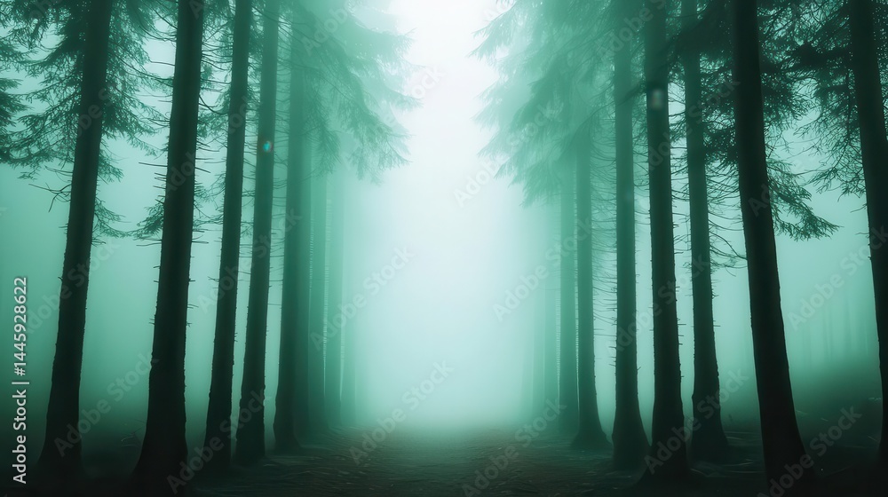 Obraz premium Dramatic lowhanging mist covering a forest pathway, moody and cinematic composition