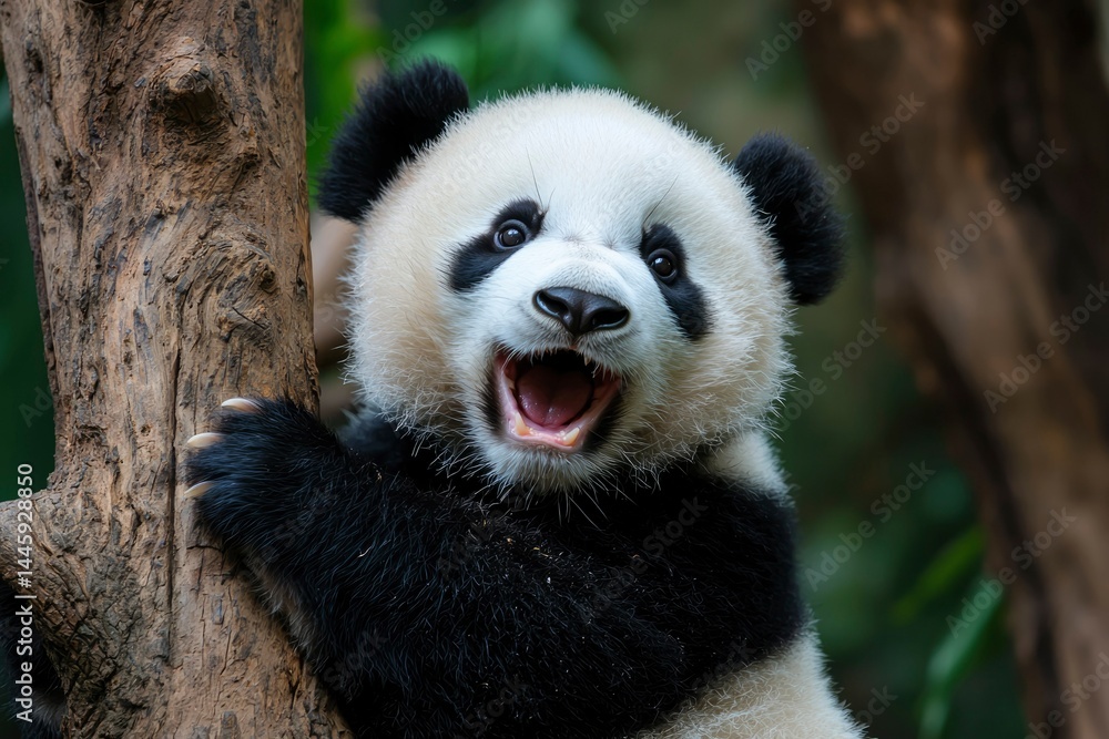 Obraz premium Panda Cub Climbing Tree