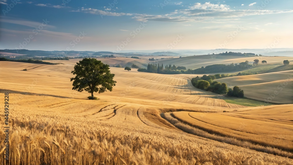Obraz premium Golden wheat field in rolling tuscan hills with a single tree high resolution photo