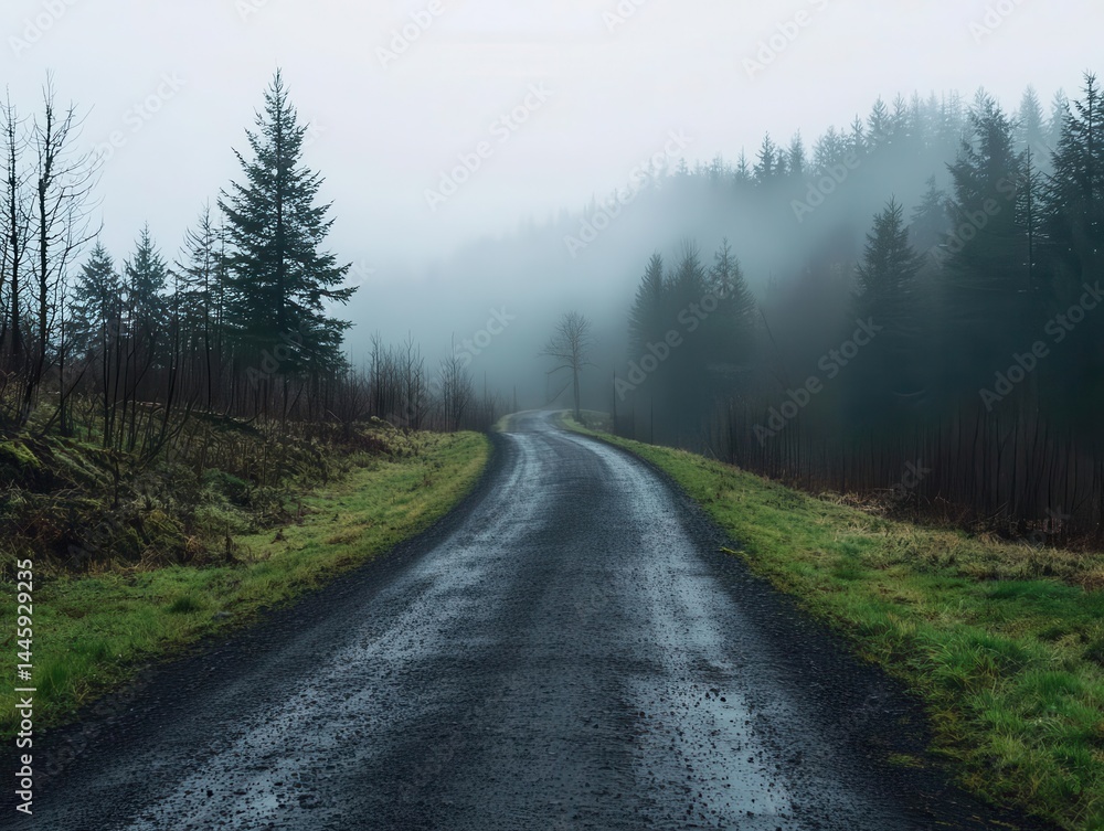 Fototapeta premium A lonely path disappearing into a misty forest, moody atmosphere filled with soft diffused light