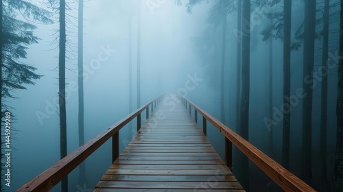 A narrow wooden walkway fading into a misty woodland  moody silence surrounding the scene