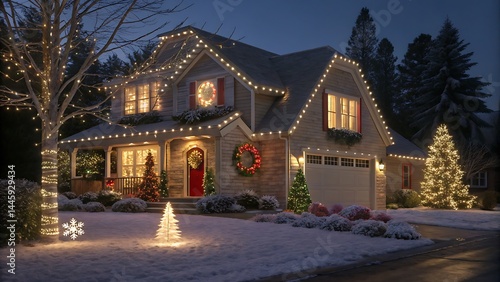 Wallpaper Mural House decorated with bright christmas lights and snow at night high resolution photo Torontodigital.ca