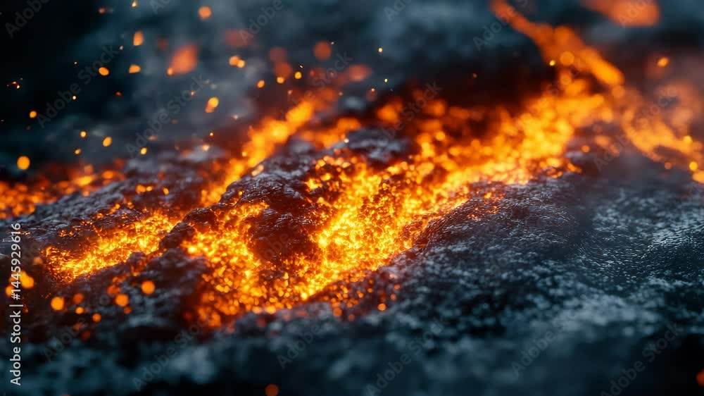 Close up View of Flowing Molten Lava with Sparks Close up View of Flowing Molten Lava with Sparks