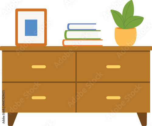 minimal cabinet with picture frame, books, plant, storage furniture for living room flat vector isolated illustration