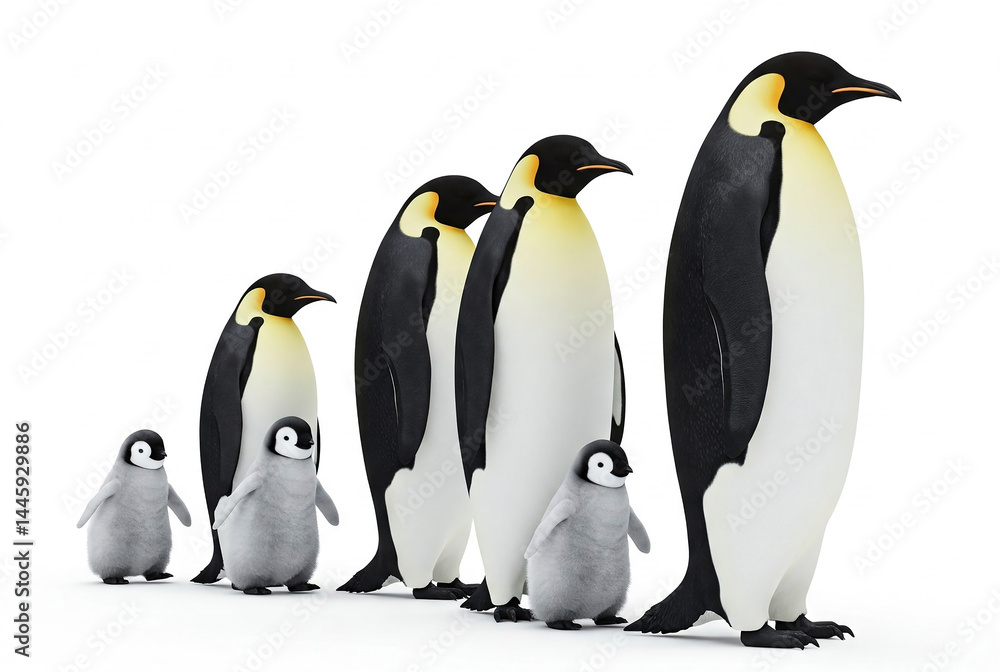 Obraz premium Colony of king penguins together, isolated on white background. Penguins walking stock image. Symbol of faith, fidelity, and devotion.