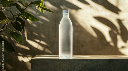 Frosted glass water bottle on a stone surface, sunlight and plant shadows.