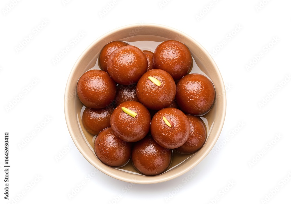 Obraz premium Gulab jamun dessert in a bowl, indian sweet food with almond garnish isolated on white background