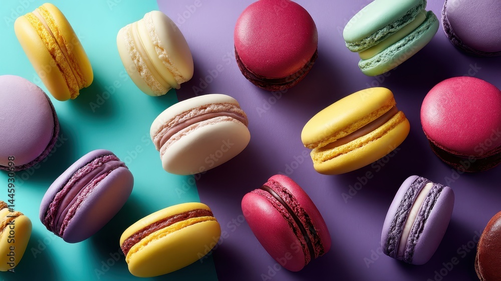 A flat-lay image of macarons in pastel and bold tones, displayed on a vibrant background, with studio lighting and high-res clarity for a joyful vibe. A flat-lay image of macarons in pastel and bold tones, displayed on a vibrant background, with studio lighting and high-res clarity for a joyful vibe.