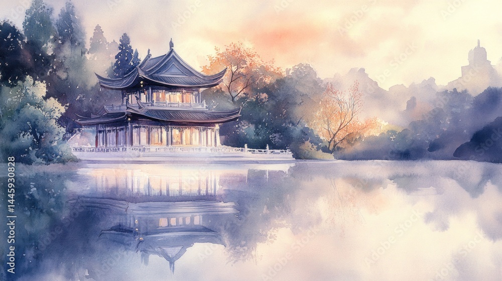 Serene Asian-style pavilion by a tranquil lake at dawn. Misty, soft-colored landscape with a peaceful atmosphere Serene Asian-style pavilion by a tranquil lake at dawn. Misty, soft-colored landscape with a peaceful atmosphere