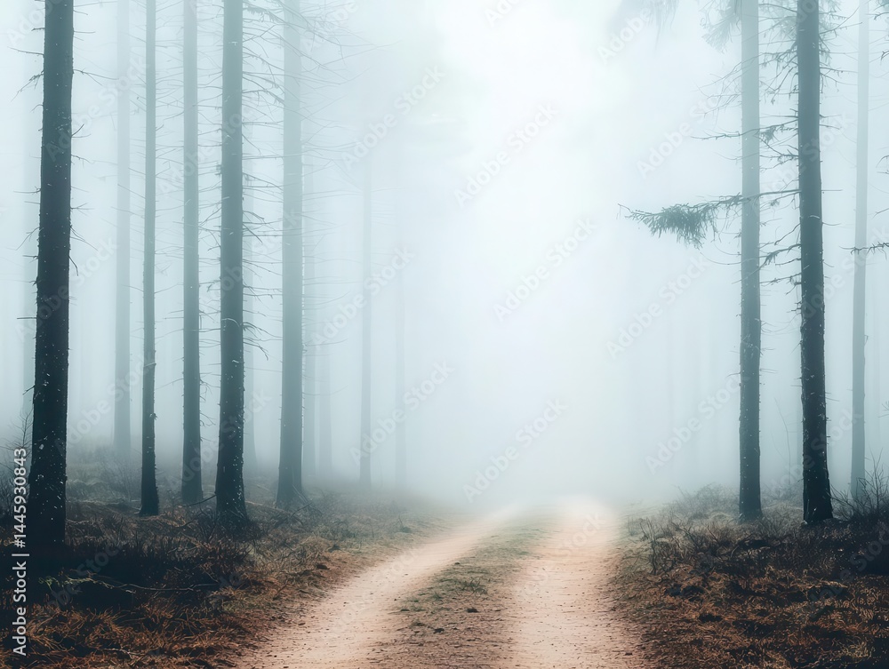 Obraz premium Soft morning light piercing through a misty forest path, moody fog glowing in golden hues