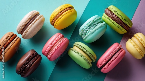 Wallpaper Mural A flat-lay of colorful macarons with crisp detail and soft pastel contrasts, vibrant countertop below, radiating happiness in professional food photography style Torontodigital.ca