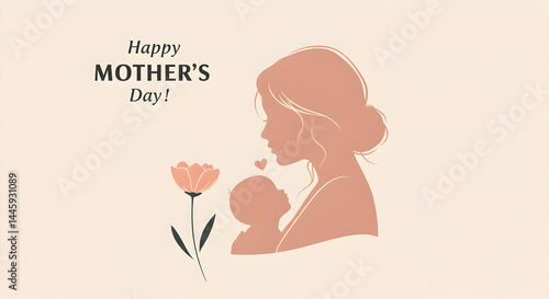 Happy mother's day card template design with mom and baby silhouette vector illustration for greeting