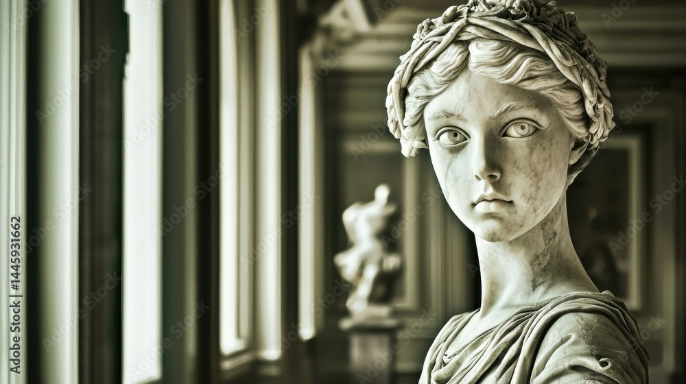 Close-up of a serene, classical marble statue of a young woman, adorned with a laurel wreath, within an ornate museum gallery. Close-up of a serene, classical marble statue of a young woman, adorned with a laurel wreath, within an ornate museum gallery.