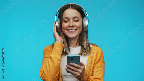 Smiling woman student with headphones, eyes closed, holding mobile smartphone, listening to music,