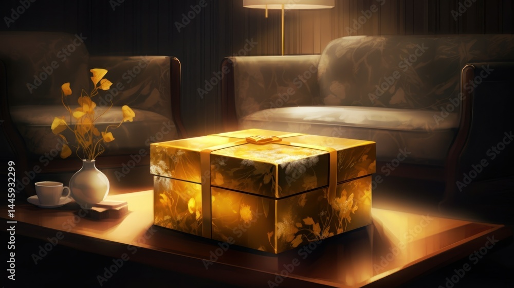 Fototapeta premium Golden gift box in elegant room