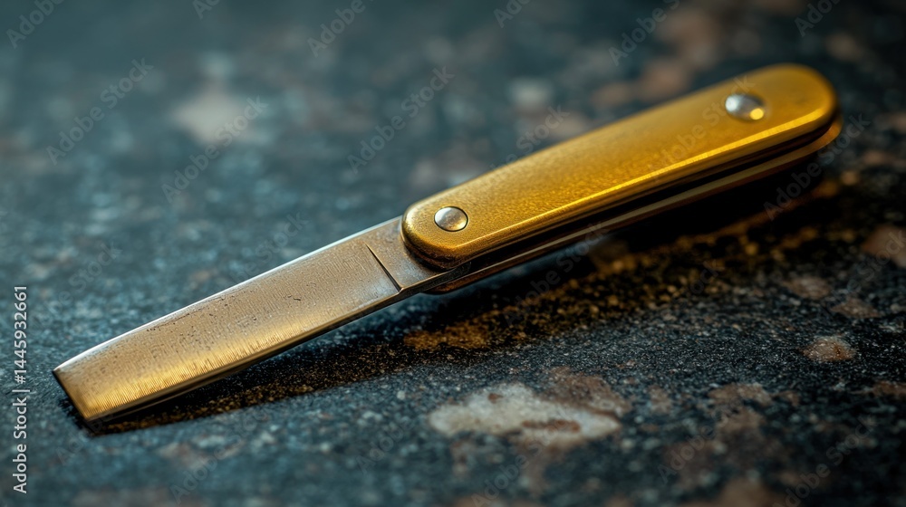 Open brass handle knife on surface with metal blade Open brass handle knife on surface with metal blade