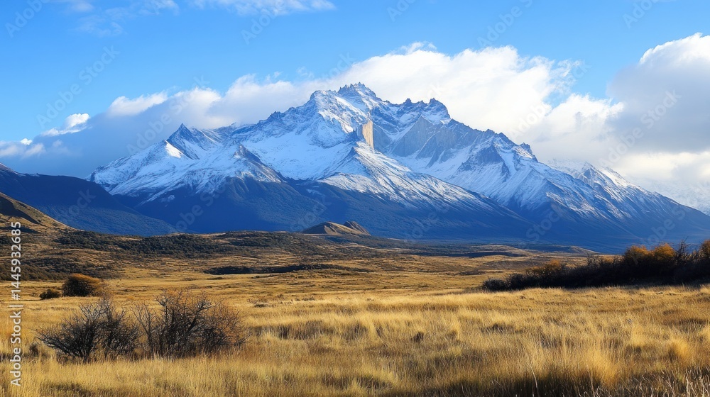 Fototapeta premium Majestic mountain range with snow-capped peaks, golden grasslands, and a clear blue sky