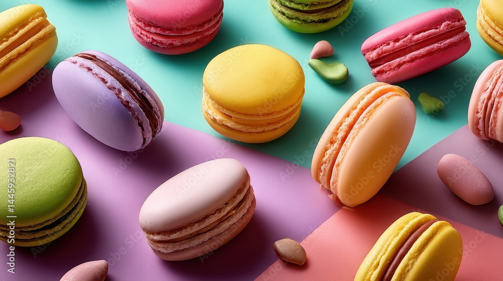 Overhead studio image of vibrant macarons on a pastel and saturated surface, with perfect lighting and a clean, high-resolution food photography style. Overhead studio image of vibrant macarons on a pastel and saturated surface, with perfect lighting and a clean, high-resolution food photography style.
