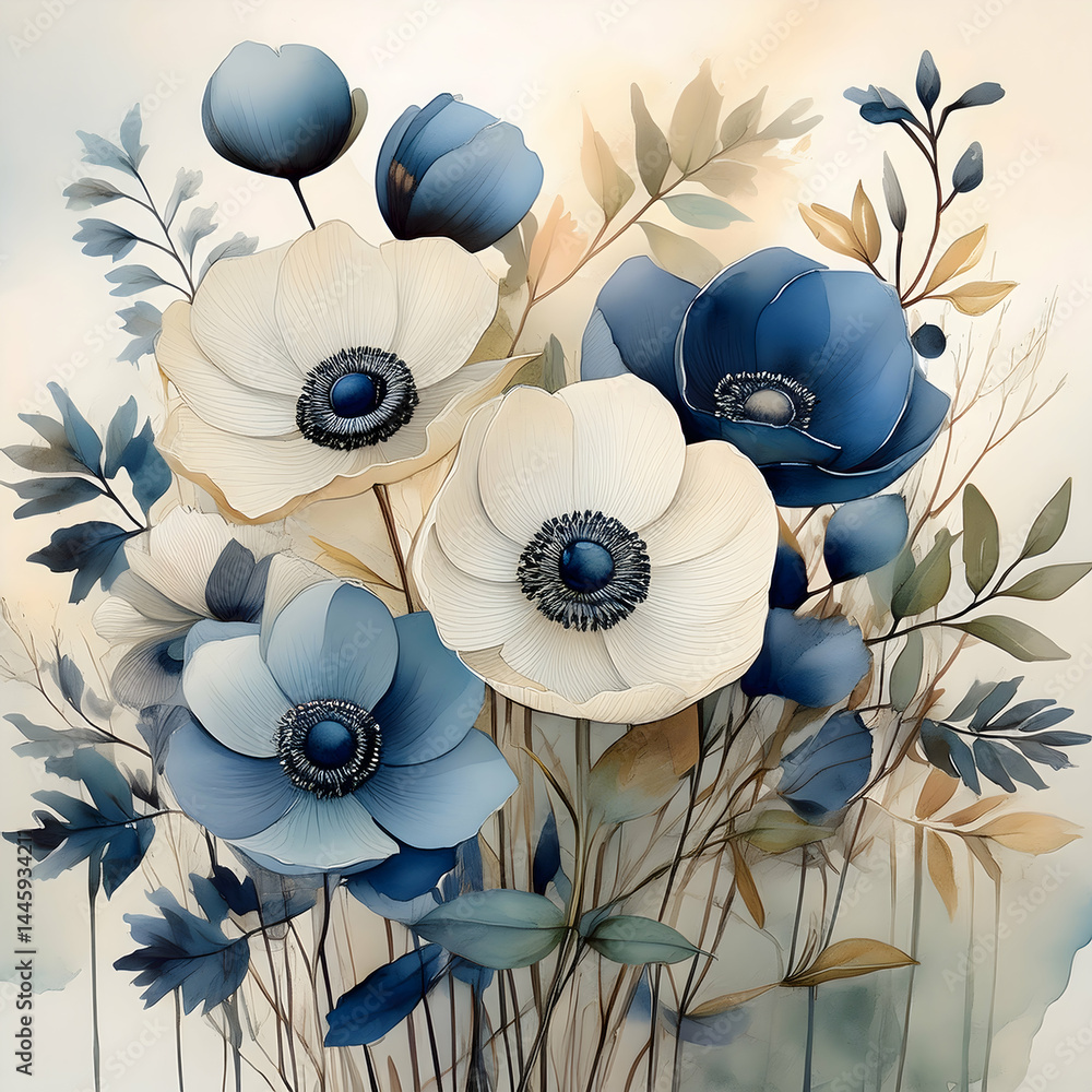 Obraz premium Floral Watercolor: A stunning watercolor composition presents a bouquet of anemones in shades of blue and cream, showcasing soft textures and a delicate artistic style.