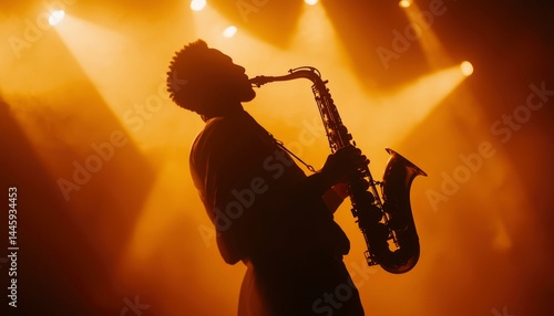 Saxophonist in silhouette, stage lights