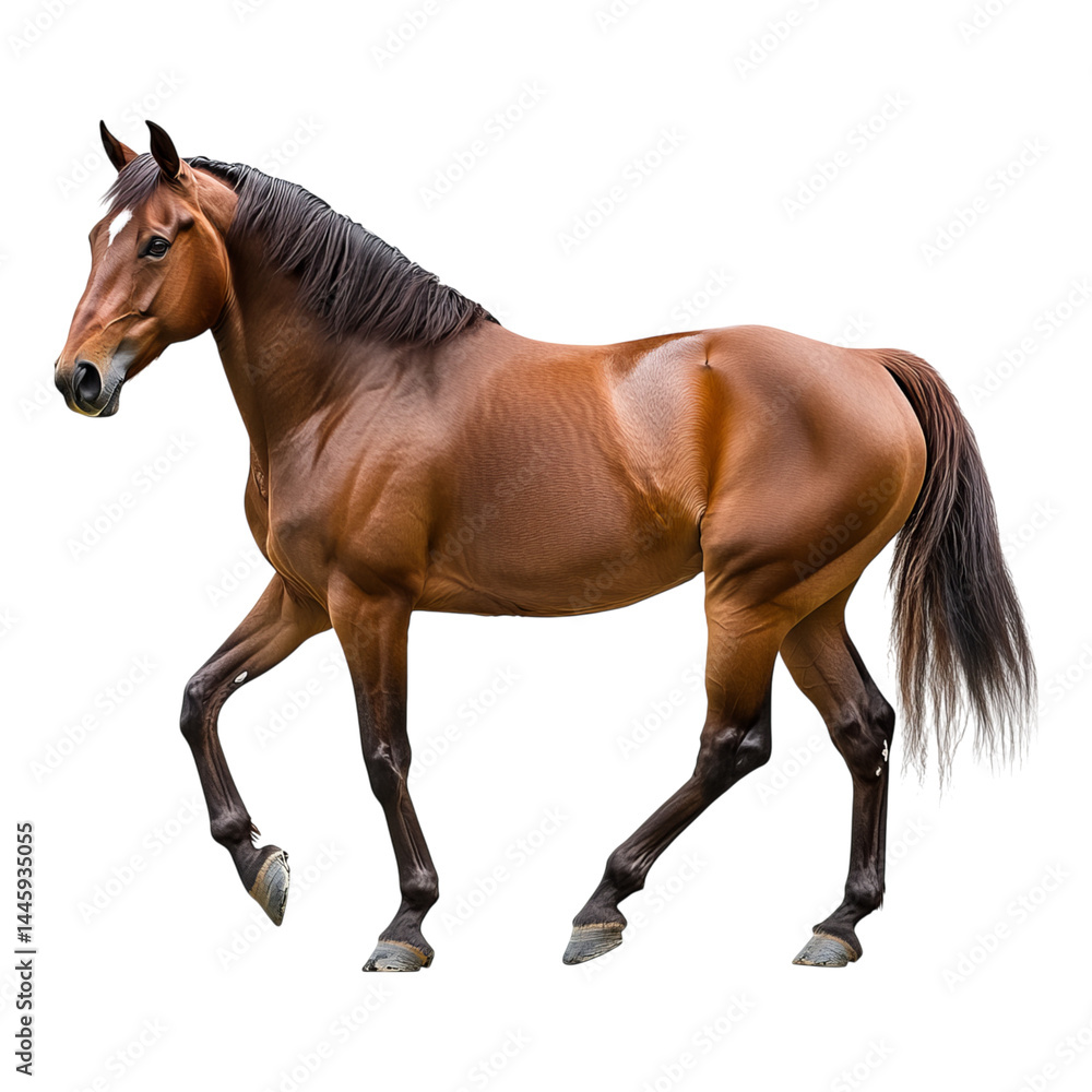 Fototapeta premium Beautiful brown horse walking sideways, side view,