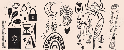 Hand-drawn vintage mystical and magic symbols illustration