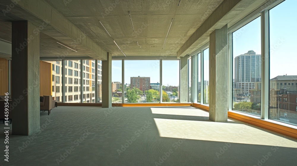 Fototapeta premium Empty modern office space with large windows overlooking city