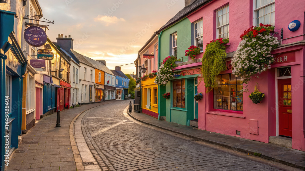 Fototapeta premium Charming Alley in Quaint Irish Town with Bright Facades and Flowers