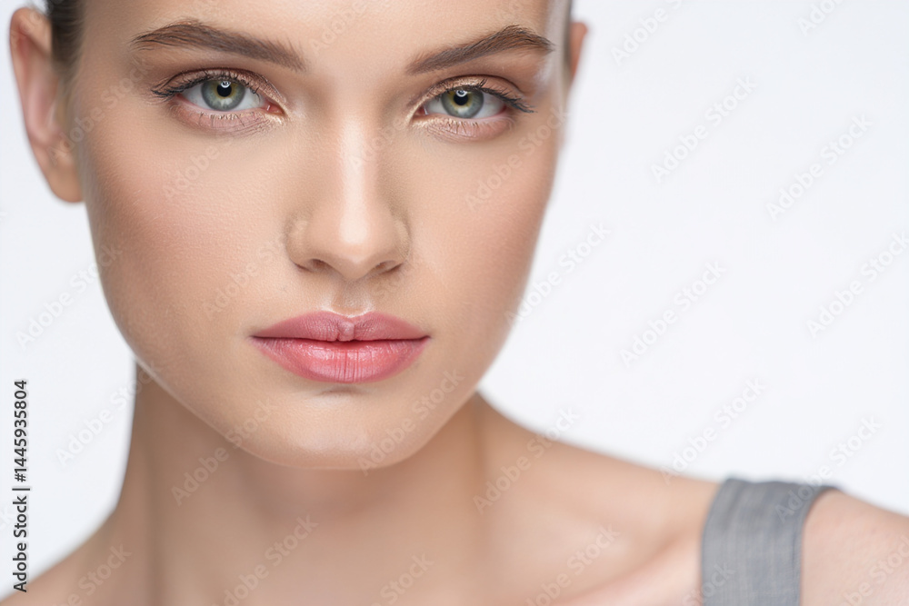 Female model posing for a portrait on a white background, modern fashion aesthetics, current style trends. Professional studio photography on a white background. Female model posing for a portrait on a white background, modern fashion aesthetics, current style trends. Professional studio photography on a white background.