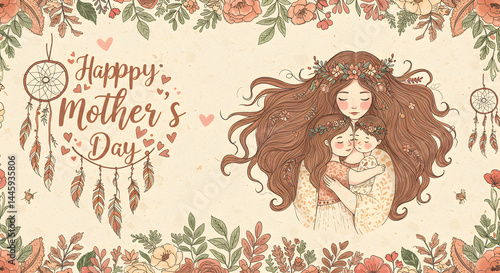 Happy mother's day floral illustration with mother and children and dream catcher vintage style art