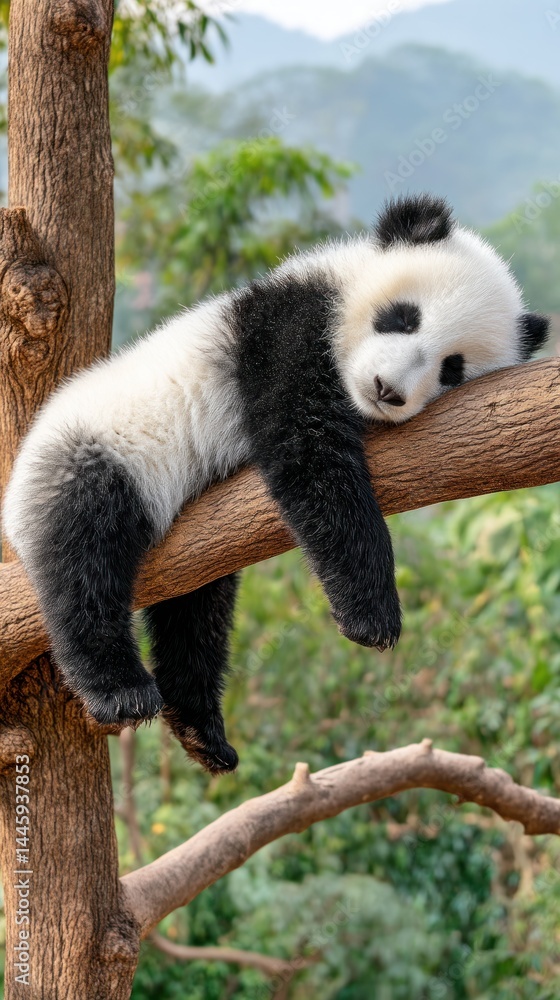 Fototapeta premium Panda rests, lounging on tree branch