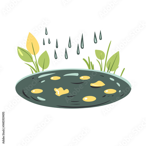 Puddle With Spring Raindrops, Flat vector, minimalist design, isolated on a white background.
