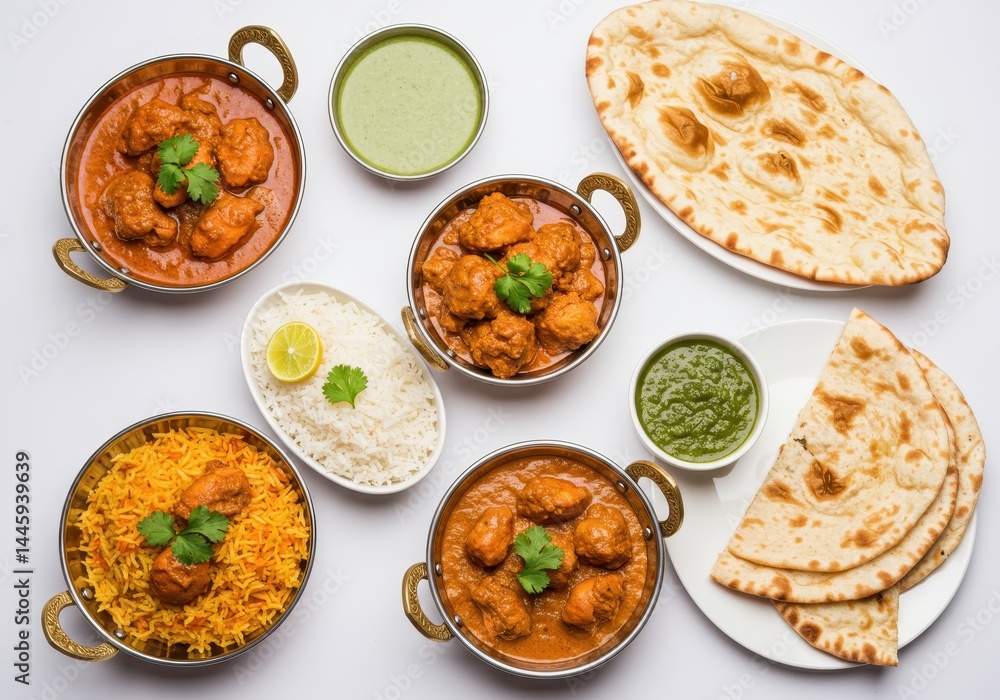 Overhead view of indian chicken curry dishes with naan bread and rice Overhead view of indian chicken curry dishes with naan bread and rice
