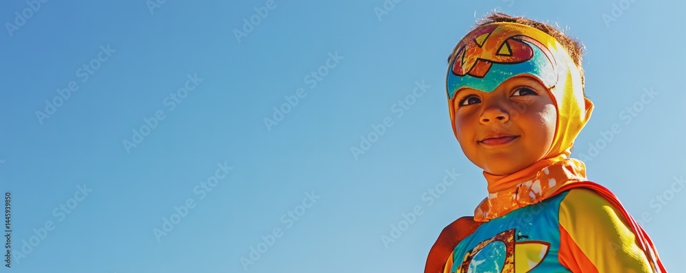A young child happily dressed as a superhero against the sky A young child happily dressed as a superhero against the sky